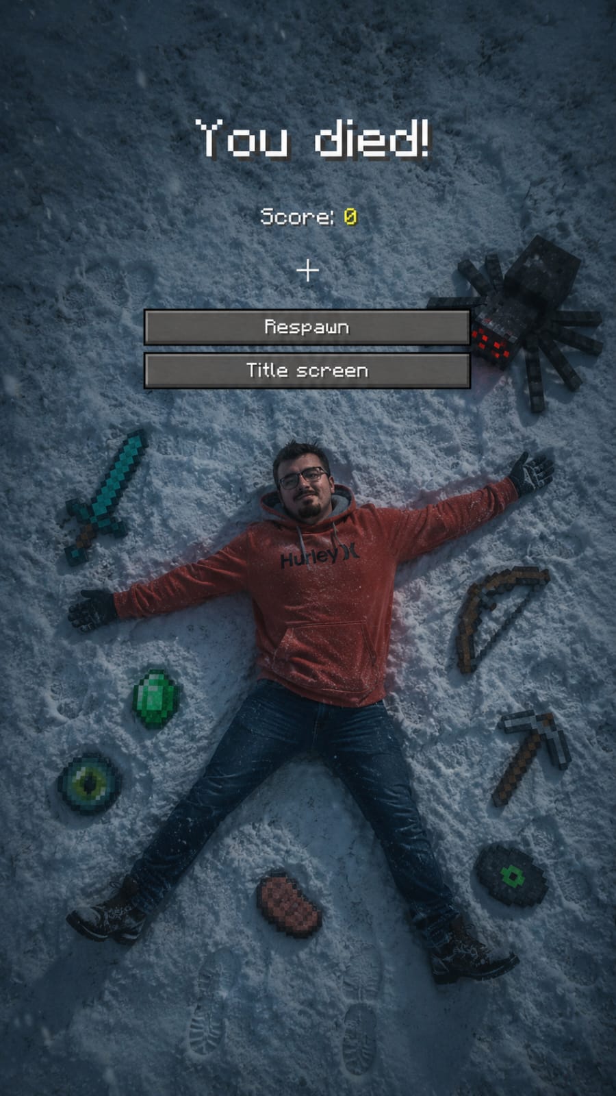 Jean deitado na neve em uma cena montada como tela de morte do Minecraft